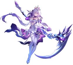 1girl absurdres asymmetrical_gloves asymmetrical_legwear bare_shoulders black_tiara bow bright_pupils bug butterfly castorice_(honkai:_star_rail) dress elbow_gloves floating_hair full_body garter_straps gloves grey_hair hair_bow highres holding holding_scythe holding_weapon honkai:_star_rail honkai_(series) insect legwear_cutout long_hair looking_at_viewer low_twintails official_art pantyhose parted_lips purple_butterfly purple_eyes purple_gloves purple_hair scythe shoes solo standing thighhighs third-party_source tiara transparent_background twintails uneven_gloves uneven_legwear very_long_hair weapon white_bow white_dress white_garter_straps white_pantyhose white_pupils white_shoes white_thighhighs