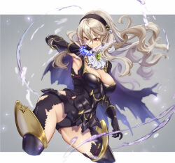 1girl armor armpits black_gloves black_hairband black_panties blue_cape breasts cape cleavage corrin_(female)_(fire_emblem) corrin_(fire_emblem) cropped_legs dragonstone fire_emblem fire_emblem_fates fire_emblem_heroes gloves grey_background grey_hair hair_between_eyes hair_ornament hairband highres karashino large_breasts long_hair looking_to_the_side nintendo official_alternate_costume panties pointy_ears red_eyes simple_background solo thighhighs torn_clothes torn_thighhighs twitter_username underwear