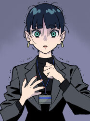 1girl aqua_eyes black_hair breasts commentary_request earrings formal_clothes grey_background gundam gundam_gquuuuuux jacket jewelry long_sleeves name_tag open_mouth ouma_bunshichirou scared shirt short_hair solo suit suit_jacket surprised tamaki_yuzuriha upper_body wide-eyed
