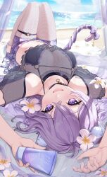 1girl beach cat_tail choker fishnet_pantyhose fishnets highres hololive looking_at_viewer lying navel nekomata_okayu on_back pantyhose purple_eyes purple_hair taiga_(ryukyu-6102-8) tail thigh_strap virtual_youtuber