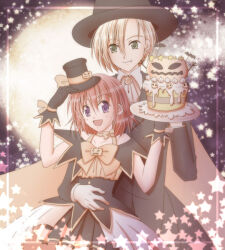 Rule 34 | 1boy, 1girl, :d, adapted costume, black coat, black gloves, black hat, blonde hair, bow, bowtie, buttons, cake, closed mouth, coat, collared shirt, commentary request, cosplay, cowboy shot, dated commentary, food, full moon, gloves, green eyes, hair between eyes, halloween, halloween costume, hat, high priest (ragnarok online), holding, holding cake, holding food, jack-o&#039;-lantern, jakk (ragnarok online), jakk (ragnarok online) (cosplay), long sleeves, looking at viewer, lord knight (ragnarok online), moon, open mouth, orange bow, orange bowtie, orange brooch, pink hair, purple background, purple eyes, ragnarok online, sharari, shirt, short hair, smile, star (symbol), top hat, white shirt