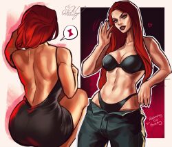 1girl abs artist_name ass avengers_(series) back_muscles backless_dress backless_outfit bare_shoulders black_bra black_dress black_panties black_widow bra breasts dress from_behind green_eyes highres jewelry lipstick long_hair loose_pants makeup marvel marvel_rivals midriff natasha_romanoff navel panties red_hair short_dress sleeveless sleeveless_dress solo thighs underwear veradia