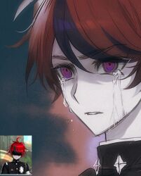 1boy blue_background close-up crying crying_with_eyes_open eyelashes hair_between_eyes multicolored_eyes multicolored_hair purple_eyes purple_hair red_background red_eyes red_hair screenshot_inset sumino_takumi tears the_hundred_line_-last_defense_academy-