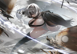 1girl 2b_(nier:automata) absurdres black_boots black_thighhighs blindfold boots breasts cameltoe commentary covered_eyes grey_hair highleg highleg_leotard highres holding holding_sword holding_weapon katana large_breasts leotard nier:automata nier_(series) parted_lips short_hair solo sword teddypocky thigh_boots thighhighs thighhighs_under_boots thighs variant_set weapon white_leotard