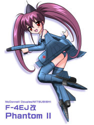 1girl aircraft airplane f-4_phantom_ii female_focus jet mecha_musume military nou_shiroppu purple_hair simple_background solo twintails