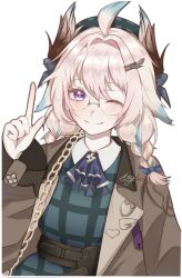 1girl ahoge alternate_hair_length alternate_hairstyle aqua_hair aqua_nails artist_name ascot auyi_1025 beret bird_hair_ornament blonde_hair bow braid brown_coat closed_mouth coat commentary dress enna_alouette enna_alouette_(3rd_costume) glasses green_dress hair_between_eyes hair_bow hair_intakes hair_ornament hat head_wings highres light_blush looking_at_viewer low_twin_braids medium_hair multicolored_hair nijisanji nijisanji_en one_eye_closed pointing pointing_up purple_eyes signature simple_background smile solo streaked_hair symbol-only_commentary twin_braids virtual_youtuber white_background wings
