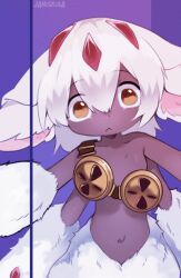 Rule 34 | 1girl, animated, animated gif, artist name, blush, closed mouth, faputa, goggles around breasts, kisahuiisa, made in abyss, open mouth, orange eyes, purple background, sharp teeth, short hair, simple background, solo, sparkle, teeth, upper teeth only, white hair