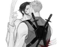 2boys absurdres adorablecat7 back blood blood_on_face bloody_weapon claw_(weapon) commentary deadpool english_commentary facial_hair greyscale hand_up highres holding_another&#039;s_wrist impaled katana kiss looking_at_another male_focus marvel monochrome multiple_boys muscular muscular_male short_hair simple_background sleeveless stab sword tank_top weapon weapon_on_back white_background wolverine_(x-men) x-men x-men_film_series x-men_origins:_wolverine yaoi