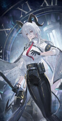 1girl absurdres ahoge armband black_armband black_choker black_gloves black_horns black_jacket black_pants black_tail breasts button_gap chest_harness choker collared_shirt commentary curled_horns demon_tail earrings echj gloves greatsword grey_hair hair_between_eyes harness hashtag-only_commentary high-waist_pants highres holding holding_sword holding_weapon horns jacket jacket_on_shoulders jewelry key_earrings large_breasts long_hair looking_at_viewer multicolored_hair necktie pants parted_lips red_eyes red_necktie shirt shirt_tucked_in smile solo streaked_hair sword tail tight_clothes tight_pants weapon white_shirt wuthering_waves zani_(wuthering_waves)
