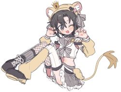 Rule 34 | 1girl, animal ears, arm warmers, black boots, black hair, blush, boots, claw pose, cropped shirt, crown, fake tail, full body, grey sailor collar, grey skirt, hair ornament, hairclip, hat, hat with ears, hood, idolmaster, idolmaster (classic), kikuchi makoto, knees up, lion ears, lion tail, looking at viewer, midriff, mini crown, navel, one eye closed, open mouth, pnt 0202, sailor collar, shirt, short hair, simple background, single leg pantyhose, single leg warmer, sitting, skirt, sleeveless, sleeveless shirt, smile, solo, tail, thighhighs, white background, white shirt