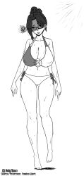 1girl arms_at_sides bikini breasts cleavage commentary english_commentary english_text full_body glasses greyscale hair_bun highres holyniwa hot indie_virtual_youtuber large_breasts light_rays mature_female monochrome niwa_(holyniwa) shadow simple_background single_hair_bun sketch summer sunbeam sunlight sweat swimsuit twitter_username very_sweaty virtual_youtuber walking wet white_background