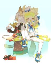 2girls animal_ear_fluff animal_ears belt black_belt blonde_hair blue_eyes blue_footwear blue_sailor_collar closed_eyes commentary_request fangs furry furry_female grey_hair hand_up hat holding hot mini_hat multiple_girls one_eye_closed open_mouth original pouring rikose sailor_collar sailor_hat shirt shoes short_eyebrows shorts sleeveless sleeveless_shirt spread_legs sweat tail thick_eyebrows unworn_shoes white_shirt