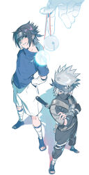 2boys aged_down bell black_hair crossed_arms forehead_protector full_body grey_hair hand_in_pocket hatake_kakashi hex_6shui high_collar highres jingle_bell konohagakure_symbol looking_at_viewer male_focus mask mouth_mask multiple_boys naruto naruto_(series) ninja_mask pants shadow short_sleeves smirk spiked_hair standing uchiha_sasuke