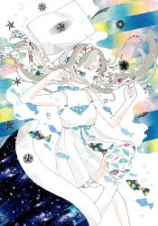 Rule 34 | 1girl, 922pochan, bare arms, bare shoulders, belt ribbon, blanket, blue eyes, blue ribbon, blunt bangs, breasts, bubble, choker, cleavage, commentary, covered mouth, dress, falling star, feet out of frame, fish, floating hair, grey hair, half-closed eyes, hands up, highres, knees together feet apart, long hair, long sidelocks, looking down, masking tape (medium), mixed media, multicolored hair, original, pillow, ribbon, ribbon choker, short dress, sidelocks, solo, star (symbol), starry sky print, streaked hair, sundress, traditional media, two-sided fabric, umbrella print, unconventional media, white dress, white streaks