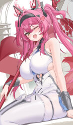 1girl armpit_crease bare_shoulders black_bow bodysuit boots bow breasts collar fang feet_out_of_frame hair_between_eyes hair_bow hair_ornament hairband headgear heart highres holding holding_polearm holding_weapon large_breasts long_hair looking_at_viewer lupa_(wuthering_waves) metal_collar metal_hairband missing_commentary multiple_hair_bows one_eye_closed open_mouth pink_hair polearm red_pupils sitting skin_fang smile solo tail thigh_boots twintails weapon white_bodysuit wolf_tail wrist_guards wuthering_waves yellow_eyes yuxian_youka