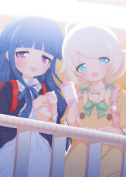 Rule 34 | 2girls, ahoge, baby bottle, backpack, bag, black cardigan, blonde hair, blue hair, blue ribbon, blush, bottle, bow, bowtie, cardigan, commentary request, cradle, dress, green bow, green bowtie, green eyes, hair bow, half-closed eyes, highres, holding, holding rattle, holding toy, hosizora mikoto, idolmaster, idolmaster cinderella girls, indoors, long hair, long sleeves, looking at viewer, low twintails, medium hair, multiple girls, open mouth, pink bag, pov, rattle, red eyes, ribbon, sajo yukimi, shirt, sidelocks, smile, textless version, toy, twintails, white shirt, yellow dress, yusa kozue