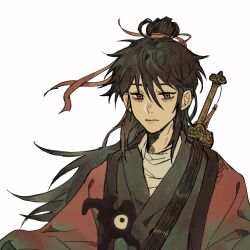 Rule 34 | 1boy, bags under eyes, bandaged neck, bandages, black hair, black hanfu, chinese clothes, chinese commentary, closed mouth, coat, creature, dao gui yi xian, eyeball, floating hair, hair between eyes, hair bun, hair ribbon, hanfu, highres, li huowang, li sui (tentacles), long hair, looking at viewer, male focus, red coat, red eyes, red ribbon, ribbon, sheath, sheathed, simple background, single hair bun, solo, sword, sword on back, sword tassel, tassel, upper body, weapon, weapon on back, white background, yuexuaier