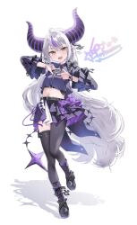 1girl bad_link highres hololive hololive_idol_uniform_(color_rise) horns kochitora_9 la+_darknesss long_hair looking_at_viewer shadow signature smile solo tail thighhighs very_long_hair white_background