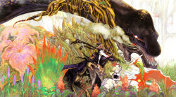 1990s_(style) 1boy 1girl a_(torikarasi2) dog final_fantasy final_fantasy_vi highres interceptor monster ninja relm_arrowny shadow_(ff6) teeth tongue weapon