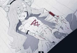 1girl animal_ears bandaid bdsm bike_shorts blood cat_ears crying gun_fellatio_(shingeki_no_kyojin) guro monochrome needle non-web_source original rape red_hod sex