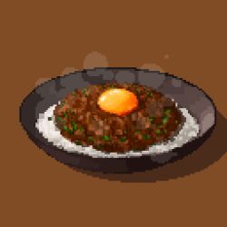 bowl brown_background curry egg_yolk food food_focus hisachan55cute no_humans original pixel_art rice simple_background steaming_food still_life