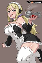 Rule 34 | 1girl, absurdres, apron, arm at side, artist name, bare shoulders, black dress, black eyes, black shoes, black sleeves, blannis, blonde hair, blush, breasts, brown background, cleavage, collar, detached collar, detached sleeves, dress, fairy tail, female focus, foot out of frame, foot up, frilled dress, frills, from below, from side, hand up, highres, holding, holding tray, large breasts, lips, long hair, looking at viewer, looking down, looking to the side, low ponytail, lucy heartfilia, maid, maid headdress, open mouth, ponytail, shoes, simple background, smile, solo, standing, standing on one leg, strapless, strapless dress, teeth, thick thighs, thighhighs, thighs, tongue, tray, two-tone dress, two-tone sleeves, upper teeth only, white apron, white collar, white dress, white sleeves, white thighhighs, wide hips