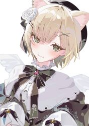Rule 34 | 1girl, absurdres, amopui, animal ears, black hat, blonde hair, blush, cat ears, closed mouth, commentary, flower, green eyes, hair flower, hair ornament, hairclip, hat, highres, kurumi noah, kurumi noah (4th costume), looking at viewer, simple background, solo, upper body, virtual youtuber, vspo!, white background, white wings, wings, x hair ornament