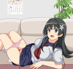 1girl aftersex arm_support artist_request black_hair blue_sailor_collar blue_skirt blush calendar casting casting_couch couch cum cumdrip female_focus female_pubic_hair flower green_eyes hair_flower hair_ornament indoors legs_together long_hair looking_at_viewer neckerchief open_mouth panties panty_pull pink_panties pubic_hair red_neckerchief ribbon sailor_collar saten_ruiko school_uniform short_sleeves skirt socks solo source_request toaru_kagaku_no_railgun toaru_majutsu_no_index uncensored underwear vaginal