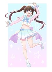 1girl :d arm_up back_bow blue_eyes bow breasts brown_hair commentary_request crop_top full_body gradient_background hair_between_eyes hair_ornament hair_scrunchie hand_on_headwear hat heart highres leg_up long_hair long_sleeves looking_at_viewer love_live! love_live!_nijigasaki_high_school_idol_club medium_breasts midriff miniskirt navel open_mouth osaka_shizuku outside_border pleated_skirt sailor_collar scrunchie see-through_clothes see-through_sleeves shirt shoes sidelocks skirt smile socks solo standing standing_on_one_leg star_(symbol) taiyakippassion twintails