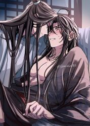 2boys ahoge bare_pectorals bishounen black_hair black_hanfu blush chinese_clothes clenched_teeth closed_mouth collarbone ear_blush eye_contact hair_down hair_ribbon half_updo hanfu headband highres indoors lan_wangji long_hair long_sleeves looking_at_another male_focus modao_zushi multiple_boys off_shoulder official_alternate_hairstyle open_clothes open_robe pectorals ponytail red_eyes red_ribbon ribbon robe robe_partially_removed sash semiusa1010 single_bare_shoulder sitting smile sweat teeth topknot twitter_username watermark wei_wuxian wei_wuxian_(yiling_laozu) white_hanfu white_headband wide_sleeves yaoi yellow_eyes