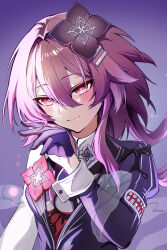 Rule 34 | 1girl, absurdres, black flower, black gloves, commentary request, dress, evernight (honkai: star rail), flower, gloves, hair between eyes, hair flower, hair intakes, hair ornament, hairclip, highres, honkai: star rail, honkai (series), jewelry, kiring (pixiv 69139213), light blush, long hair, long sleeves, looking at viewer, march 7th (honkai: star rail), official alternate costume, official alternate eye color, parallel hairclips, pink eyes, pink hair, shirt, simple background, smile, solo, upper body, wrist cuffs