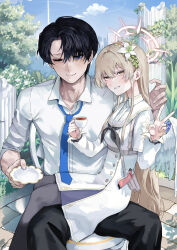 Rule 34 | 1boy, 1girl, black hair, black pants, black pantyhose, blue archive, blue necktie, blue sky, breasts, brown hair, chair, cloud, cloudy sky, cup, dress, flower, grin, gun, hair flower, hair ornament, handgun, long hair, looking at viewer, male sensei (blue archive), medium breasts, mug, nagisa (blue archive), necktie, one eye closed, pants, pantyhose, school swimsuit, sensei (blue archive), shirt, short hair, sitting, sitting on person, sky, smile, swimsuit, tree, v, weapon, white dress, white shirt