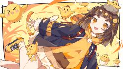 1girl :d animal animal_on_head aramedraw bird bird_on_head black_jacket blush border brown_hair commission cowboy_shot drawstring highres hood hood_down hoodie jacket long_sleeves looking_at_viewer miniskirt nest on_head open_clothes open_jacket open_mouth original outside_border pixiv_commission pleated_skirt shoes short_hair signature skirt smile sneakers socks solo thick_eyebrows translation_request white_border yellow_background yellow_eyes yellow_hoodie yellow_shoes yellow_socks
