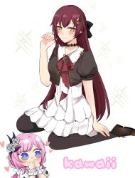 Rule 34 | 2girls, black capelet, black pantyhose, blue eyes, blush, breasts, brown hair, capelet, commentary, dress, eden (honkai impact), elf, elysia (honkai impact), flower, hair flower, hair ornament, highres, honkai (series), honkai impact 3rd, multiple girls, pantyhose, pink hair, pointy ears, scrunchie, simple background, sitting, toufu 0626, wariza, white background, white dress, wrist scrunchie, yellow eyes, yuri
