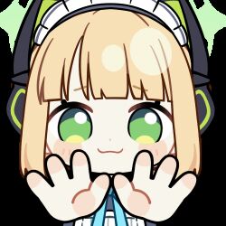 1girl :3 animal_ear_headphones animal_ears animated animated_gif apron aqua_bow aqua_bowtie black_dress blonde_hair blue_archive blunt_bangs blunt_ends blush_stickers bow bowtie cat_ear_headphones cat_ears chibi chunye_haruya closed_mouth collared_dress commission contrast_collar disembodied_hand dot_nose dress fake_animal_ears green_eyes green_halo halo headphones looking_at_viewer lowres maid maid_apron maid_headdress midori_(blue_archive) midori_(maid)_(blue_archive) missing_commentary official_alternate_costume official_alternate_hairstyle ponytail pov reaching reaching_towards_viewer second-party_source short_hair sidelocks simple_background smile solo transparent_background upper_body white_apron white_headdress