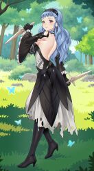 Rule 34 | 1girl, absurdres, alternate costume, back, backless dress, backless outfit, black dress, black gloves, black hairband, blue hair, blue sky, breasts, brown eyes, bug, butterfly, closed mouth, cloud, commentary, commission, cosplay, detached sleeves, dress, earrings, eir (fire emblem), eir (fire emblem) (cosplay), english commentary, fire emblem, fire emblem: three houses, fire emblem heroes, fire emblem warriors: three hopes, forest, gloves, grass, hairband, highres, igni tion, insect, jewelry, large breasts, long hair, looking at viewer, marianne von edmund, nature, nintendo, official alternate hairstyle, outdoors, sky, sly, smile, solo, torn clothes, torn dress, tree, voice actor connection, wavy hair, xanthe huynh