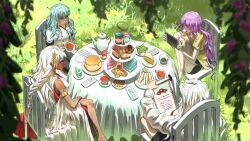 4girls absurdres adori_zahard arie_hagipherione_zahard black_pants blanket blue_eyes blue_hair braid bread breasts cake cake_slice candy chair choker cookie crossed_legs cup dark-skinned_female dark_skin dessert earrings eating eye_symbol flower food food_in_mouth fork fruit game_console gold_choker grapes grass greco-roman_clothes grey_eyes hair_over_eyes highres holding holding_cup holding_paper jaina_repellista_zahard jewelry kapxapius khun_maschenny_zahard knife laurel_crown laurels leaf long_hair looking_at_another macaron multiple_girls on_grass original pants paper picnic pink_flower plant plate playing_games pudding purple_hair reading sandwich shirt shorts sitting strawberry sweets table tea teacup teapot tower_of_god tree white_hair white_shirt yellow_shirt