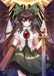 1girl absurdres ahoge arm_cannon black_hair black_wings bow cape commentary commission english_text green_bow green_skirt hair_bow hair_flaps highres holding holding_sword holding_weapon long_hair looking_at_viewer red_eyes reiuji_utsuho shirt skirt solo starry_sky_print sword third_eye touhou weapon white_cape white_shirt wings xingxingxing_guangguang