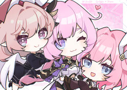 3girls ;) absurdres black_dress black_shorts blue_eyes border breasts cape chibi chibi_only chinese_commentary cleavage coat color_connection commentary_request commission company_connection corset cyrene_(honkai:_star_rail) diamond-shaped_pupils diamond_(shape) dress elf elysia_(honkai_impact) falkenhayn_mercenary_leader_(zenless_zone_zero) hair_color_connection hair_ornament heart highres honkai:_star_rail honkai_(series) honkai_impact_3rd inoue_marina long_hair looking_at_viewer multiple_girls one_eye_closed pink_background pink_hair pointy_ears purple_coat short_hair shorts smile symbol-shaped_pupils voice_actor_connection white_border white_corset yanning zenless_zone_zero zhui_ming_jin_ge