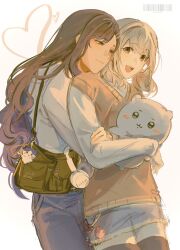 2girls adair_(juicelooped) azusawa_kohane barcode black_hair black_thighhighs blue_shorts brown_eyes brown_hair brown_sweater_vest chiikawa chiikawa_(character) closed_mouth gradient_hair hachiware_(chiikawa) head_on_another&#039;s_shoulder headphones heart highres hug hug_from_behind long_hair long_sleeves multicolored_hair multiple_girls open_mouth project_sekai purple_eyes purple_hair shiraishi_an shirt shorts simple_background smile sweater_vest thighhighs white_background white_shirt yuri