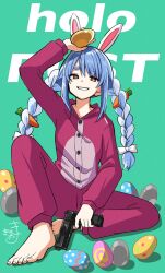 1girl animal_ears barefoot blue_hair bow braid carrot_hair_ornament commentary_request easter_egg egg food-themed_hair_ornament full_body green_background grin gun hair_between_eyes hair_bow hair_ornament handgun highres holding holding_gun holding_weapon hololive hood hood_down kiritoma knee_up long_hair looking_at_viewer multicolored_hair onesie rabbit-shaped_pupils rabbit_ears rust_(game) short_eyebrows signature simple_background sitting smile solo symbol-shaped_pupils thick_eyebrows twin_braids twintails two-tone_hair usada_pekora very_long_hair virtual_youtuber weapon white_bow white_hair