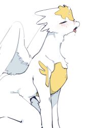 1girl blush body_fur closed_eyes cum cum_on_body dragon_girl dragon_village_(series) dragon_village_collection feathered_wings furry furry_female god_dragon_(dragon_village) highres hufy kneeling simple_background solo tongue tongue_out white_background white_fur white_wings wings