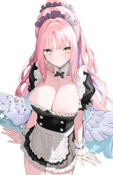 1girl absurdres alternate_costume apron black_dress blue_archive breasts buttons cleavage closed_mouth collarbone commentary double-breasted dress enmaided frilled_apron frilled_dress frills highres large_breasts long_hair looking_at_viewer low_wings maid mika_(blue_archive) multicolored_hair nephthys2356 pink_hair purple_hair simple_background solo sweat two-tone_hair waist_apron white_background white_wings wings wrist_cuffs yellow_eyes