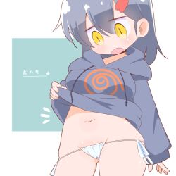 1girl blush cameltoe cello_(20000) character_request clothes_lift female_focus grey_hair hair_ornament hairclip hood hood_down hoodie hoodie_lift japanese_text lifting_own_clothes long_hair navel open_mouth panties side-tie_panties slit_pupils solo standing translated underwear white_panties yellow_eyes