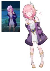 1girl absurdres arms_behind_back breasts coat commentary_request cyrene_(honkai:_star_rail) dress game_screenshot_inset highres honkai:_star_rail honkai_(series) jewelry multicolored_hair musical_note necklace open_mouth pink_hair purple_coat reference_inset s1gatu sandals simple_background small_breasts smile solo toes two-tone_hair white_background white_dress white_hair