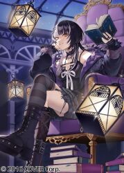 1girl air_(ai_r_) asymmetrical_legwear black_boots black_choker black_coat black_dress black_hair black_socks black_thighhighs blunt_bangs book book_stack boots breast_strap breasts chest_belt choker cleavage coat commentary_request copyright_notice crossed_legs day dress elbow_on_knee fishnet_socks fishnets full_body fur-trimmed_coat fur_trim grey_hair grin high_heel_boots high_heels holding holding_book hololive hololive_english indoors jewelry kneehighs lace-up_boots lantern large_breasts long_hair looking_at_viewer mismatched_legwear multicolored_hair night official_art on_chair open_book platform_heels ring shiori_novella shiori_novella_(1st_costume) short_dress single_kneehigh single_sock single_thighhigh sitting sleeveless sleeveless_dress smile socks solo split-color_hair striped_clothes striped_thighhighs thighhighs uneven_legwear virtual_youtuber yellow_eyes