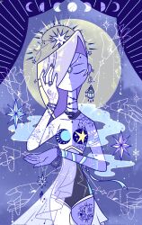 00glint_heart 1girl arm_tattoo black_nails blonde_hair blue_eyeliner blue_nails blue_skin circlet closed_eyes colored_skin commentary constellation costume_request crescent_moon cropped_legs diamond_(shape) earrings english_commentary eve_(no_straight_roads) eye_glitter eyeliner floating_earring halo highres holding holding_jewelry holding_necklace jewelry light_frown long_hair makeup moon moon_(ornament) moon_phases moon_tattoo multicolored_skin necklace night night_sky no_straight_roads one-piece_swimsuit one_eye_covered purple_nails pyramid_(geometry) ribbon ring silk sky solo standing star_(symbol) star_tattoo swimsuit tattoo two-tone_nails two-tone_ribbon two-tone_skin very_long_hair white_skin