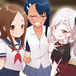 3girls black_hair blue_archive brown_hair dark-skinned_female dark_skin highres looking_at_viewer mesugaki multiple_girls mutsuki_(blue_archive) school_uniform serafuku shirt smile snkagawa tongue tongue_out upper_body white_hair white_shirt