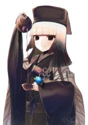 1girl black_eyes cup fate/grand_order fate_(series) flower grey_hair hat highres japanese_clothes kimono ko_yu morning_glory pouring sen_no_rikyu_(fate) sen_no_rikyu_(second_ascension)_(fate) signature smile tea teacup teapot white_background wide_sleeves
