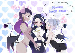 3girls alternate_costume animification backless_dress backless_outfit bare_shoulders bent_over black_dress black_hair blue_eyes bra closed_eyes cross crying demon_girl demon_horns demon_tail detached_sleeves dress girl_sandwich gradient_hair grey_hair habit hair_behind_ear hair_bun hatoya_(53oekakichan) heart highres holding holding_cross horns jett_(valorant) long_hair looking_down love_triangle multicolored_hair multiple_girls nun panties pink_bra pink_panties purple_hair reyna_(valorant) sage_(valorant) sandwiched speech_bubble tail teardrop underwear valorant very_long_hair yuri